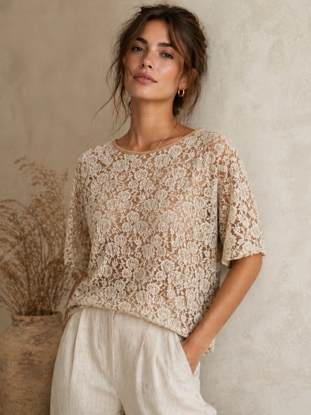 Soft romantic Floral lace top Sz.L Ivory beige Romantic Garden Party Office